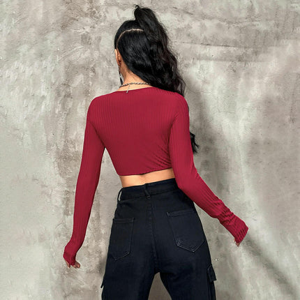 Women's Sexy Deep V Neck Long Sleeve Slim Fit Shirts Crop Tops