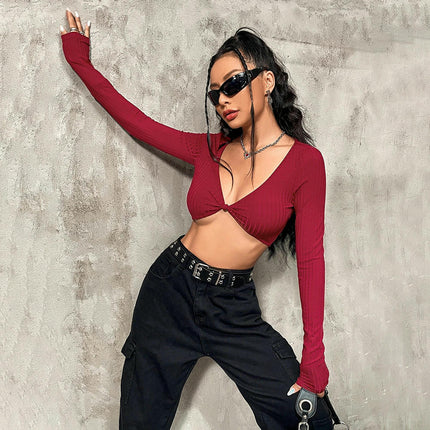 Women's Sexy Deep V Neck Long Sleeve Slim Fit Shirts Crop Tops