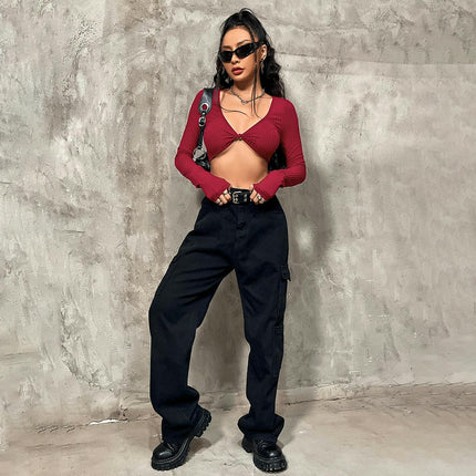 Women's Sexy Deep V Neck Long Sleeve Slim Fit Shirts Crop Tops