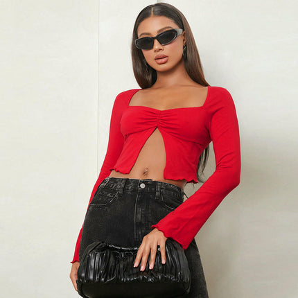 Womens Long Sleeve Slim Fit Crop Tops Square Neck Lettuce Trim Slit T-Shirt