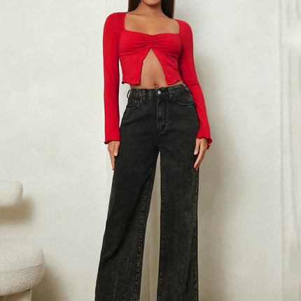 Womens Long Sleeve Slim Fit Crop Tops Square Neck Lettuce Trim Slit T-Shirt