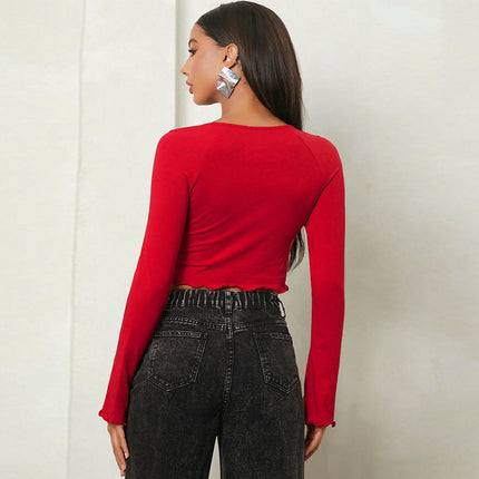 Womens Long Sleeve Slim Fit Crop Tops Square Neck Lettuce Trim Slit T-Shirt