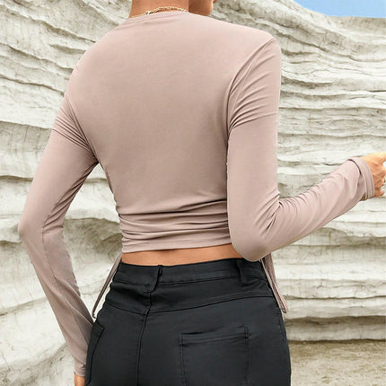 Womens Long Sleeve Scoop Neck Plain Fitted T Shirts Drawstring Ruched Crop Tops
