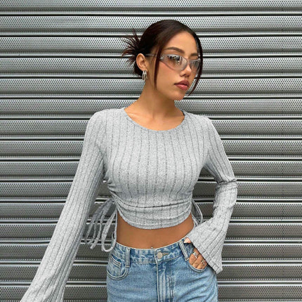 Women's Long Sleeve Crop Top Ribbed Knit Drawstring Fitted Crewneck Tee Shirt