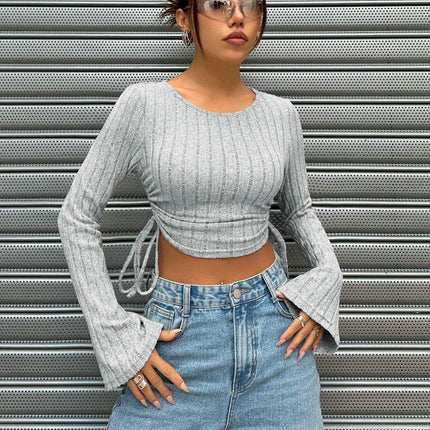 Women's Long Sleeve Crop Top Ribbed Knit Drawstring Fitted Crewneck Tee Shirt