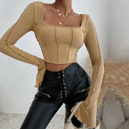Womens Long Sleeve Crop Tops Square Neck Fitted Lettuce Trim Slim T Shirts