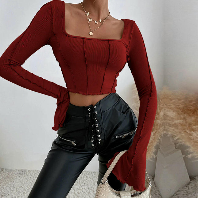 Womens Long Sleeve Crop Tops Square Neck Fitted Lettuce Trim Slim T Shirts