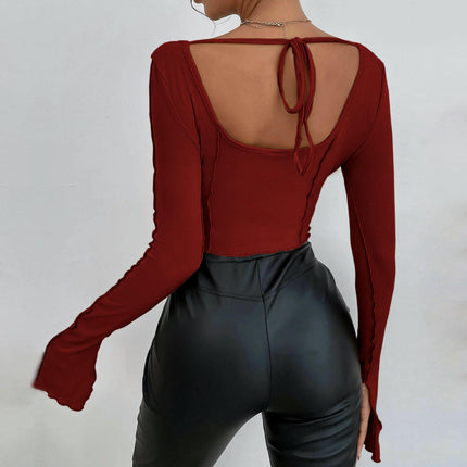 Womens Long Sleeve Crop Tops Square Neck Fitted Lettuce Trim Slim T Shirts