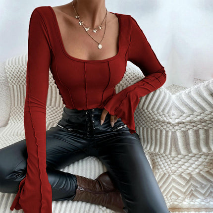 Womens Long Sleeve Crop Tops Square Neck Fitted Lettuce Trim Slim T Shirts