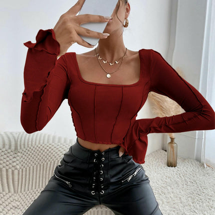 Womens Long Sleeve Crop Tops Square Neck Fitted Lettuce Trim Slim T Shirts