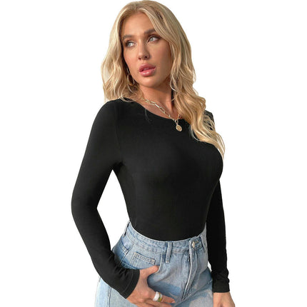 Women Backless Long Sleeve Crop Top Crew Neck Twist Back Going Out Shirt