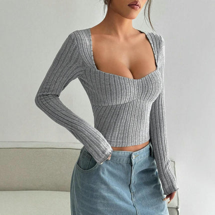 Women's Sweetheart Neck Long Sleeve Ribbed Knit Slim Fit Crop Tops
