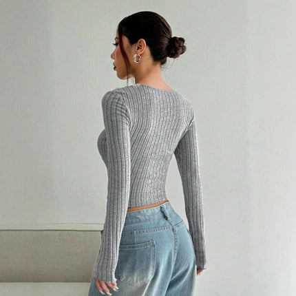 Women's Sweetheart Neck Long Sleeve Ribbed Knit Slim Fit Crop Tops