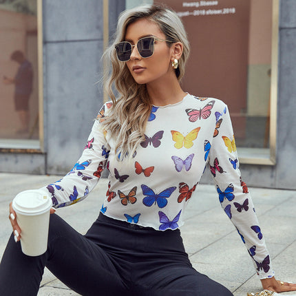 Women Sexy Crew Neck Long Sleeve Sheer Mesh Crop Shirt Slim See Through Going Out Top