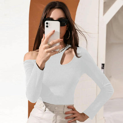 Women's Asymmetrical Neck Off Shoulder Long Sleeve Slim Tops Going Out T Shirt