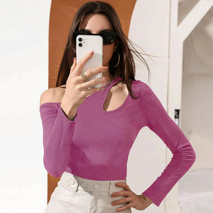 Women's Asymmetrical Neck Off Shoulder Long Sleeve Slim Tops Going Out T Shirt