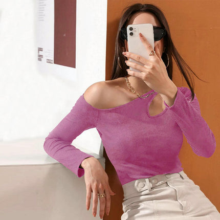 Women's Asymmetrical Neck Off Shoulder Long Sleeve Slim Tops Going Out T Shirt