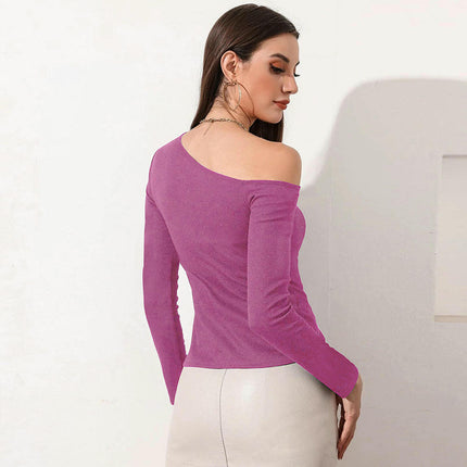 Women's Asymmetrical Neck Off Shoulder Long Sleeve Slim Tops Going Out T Shirt