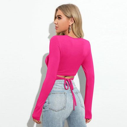 Women's Tie Back Crop Top Long Sleeve Round Neck Slim Fit T Shirt