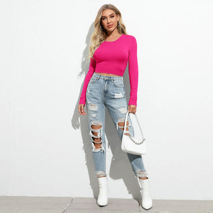 Women's Tie Back Crop Top Long Sleeve Round Neck Slim Fit T Shirt