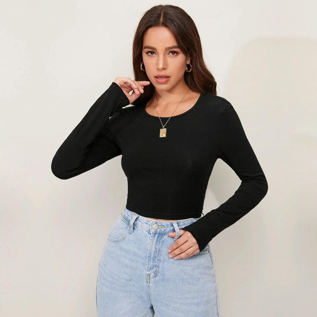 Women's Tie Back Crop Top Long Sleeve Round Neck Slim Fit T Shirt