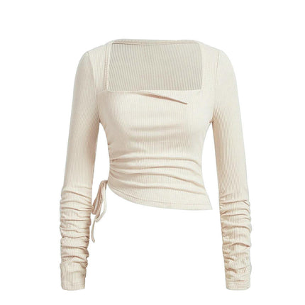 Womens Ribbed Knit Long Sleeve Sweaters Square Neck Slim Fit Drawstring Ruched Tops