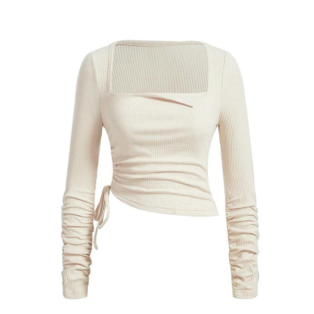 Womens Ribbed Knit Long Sleeve Sweaters Square Neck Slim Fit Drawstring Ruched Tops