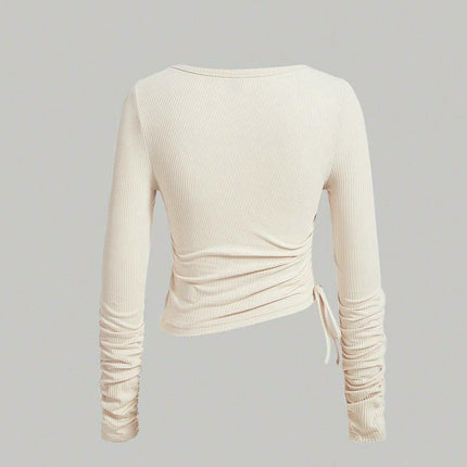 Womens Ribbed Knit Long Sleeve Sweaters Square Neck Slim Fit Drawstring Ruched Tops