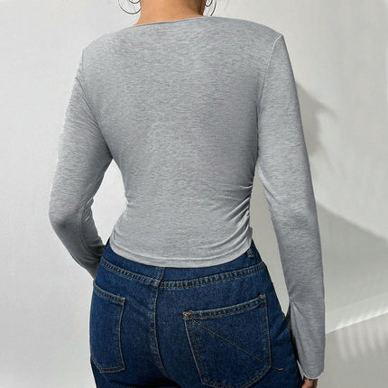 Women's Bell Long Sleeve Crop Tops V Neck Ruched T Shirts Slim Fitted Tee