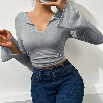 Women's Bell Long Sleeve Crop Tops V Neck Ruched T Shirts Slim Fitted Tee