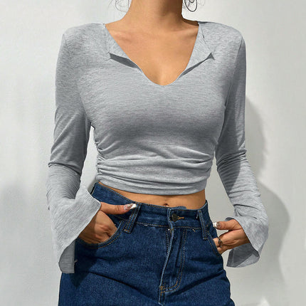 Women's Bell Long Sleeve Crop Tops V Neck Ruched T Shirts Slim Fitted Tee