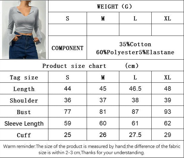 Women's Bell Long Sleeve Crop Tops V Neck Ruched T Shirts Slim Fitted Tee