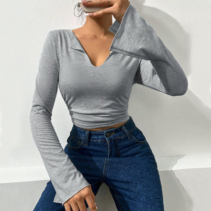 Women's Bell Long Sleeve Crop Tops V Neck Ruched T Shirts Slim Fitted Tee