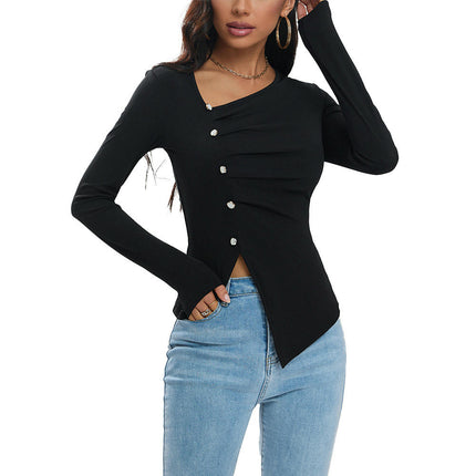 Women's Asymmetrical Neck Long Sleeve Ruched Slim Fit Crop Tops Going Out Button Slit T Shirt