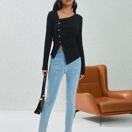 Women's Asymmetrical Neck Long Sleeve Ruched Slim Fit Crop Tops Going Out Button Slit T Shirt
