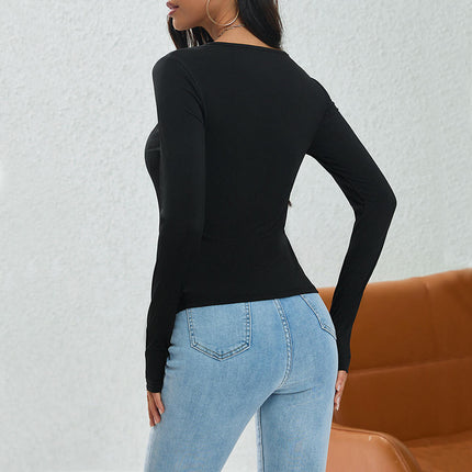 Women's Asymmetrical Neck Long Sleeve Ruched Slim Fit Crop Tops Going Out Button Slit T Shirt
