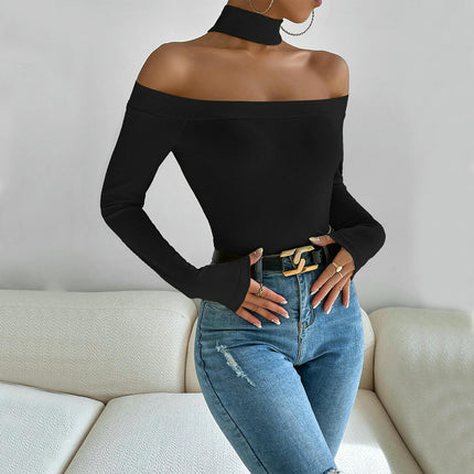 Women's Off Shoulder Long Sleeve Halter Neck Top Slim Fit Tee Shirt