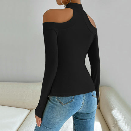 Women's Off Shoulder Long Sleeve Halter Neck Top Slim Fit Tee Shirt