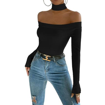 Women's Off Shoulder Long Sleeve Halter Neck Top Slim Fit Tee Shirt