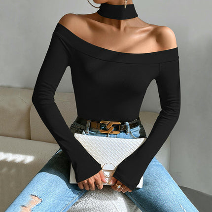 Women's Off Shoulder Long Sleeve Halter Neck Top Slim Fit Tee Shirt