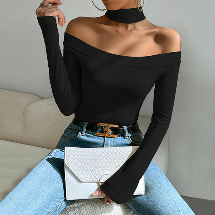 Women's Off Shoulder Long Sleeve Halter Neck Top Slim Fit Tee Shirt