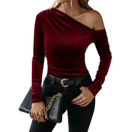 Women's Asymmetrical Neck Long Sleeve Slim Fit Velvet Party Tee Top