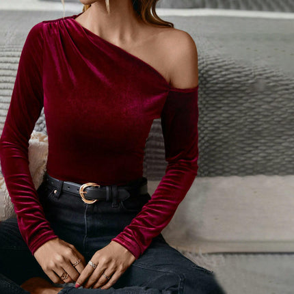Women's Asymmetrical Neck Long Sleeve Slim Fit Velvet Party Tee Top