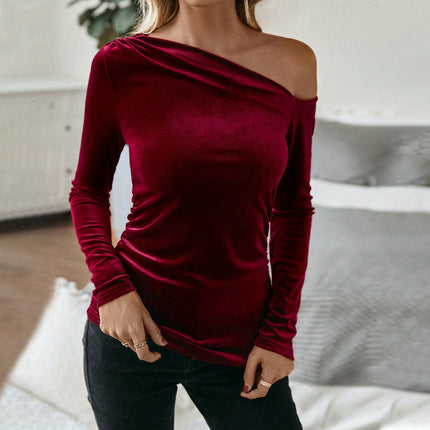 Women's Asymmetrical Neck Long Sleeve Slim Fit Velvet Party Tee Top