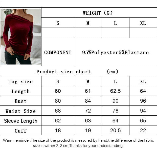 Women's Asymmetrical Neck Long Sleeve Slim Fit Velvet Party Tee Top