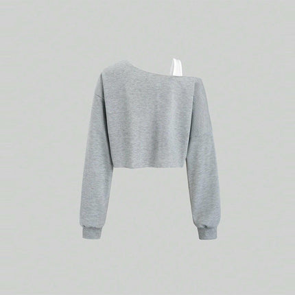 Women's Cold Shoulder Long Sleeve T Shirt Loose Solid Color Crop Tops