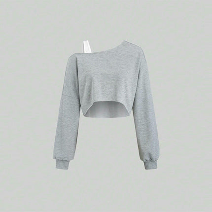 Women's Cold Shoulder Long Sleeve T Shirt Loose Solid Color Crop Tops