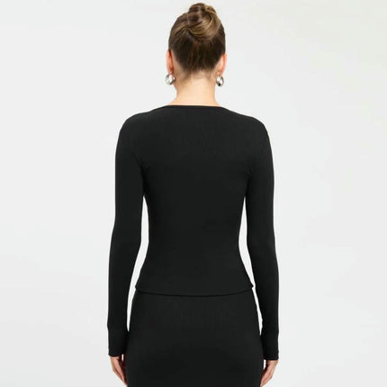 Women's Twist Split Front V Neck T Shirts Long Sleeve Slim Fit Casual Tee Tops