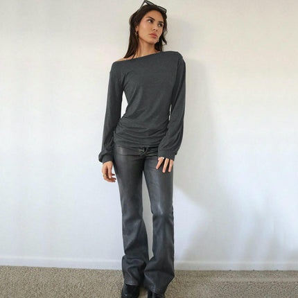 Long Sleeve Tunic Tops for Women Casual Off Shoulder Ruched Loose Shirts