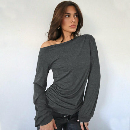 Long Sleeve Tunic Tops for Women Casual Off Shoulder Ruched Loose Shirts